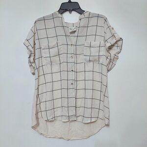 Janet Chung Stylish Grid Pattern Button-Down Shirt XL Hi Low
